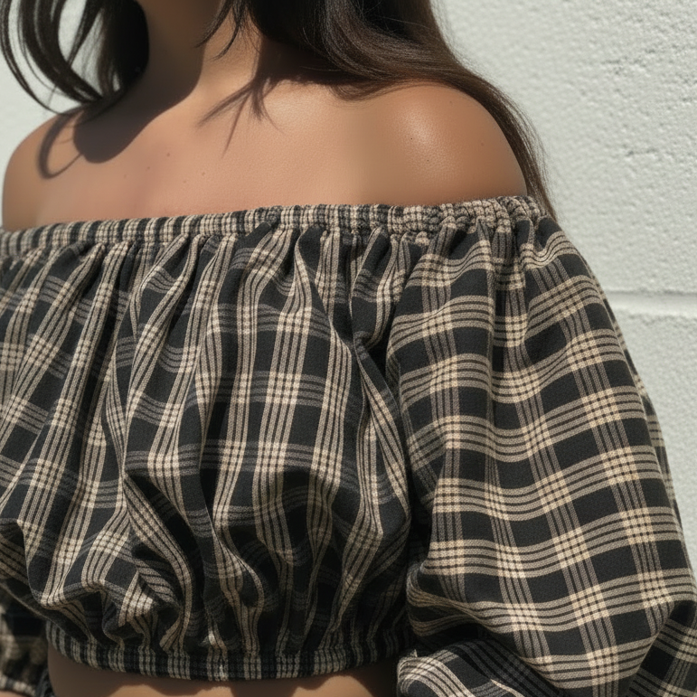 Cropped Black and Beige Palaka Off-Shoulder Top